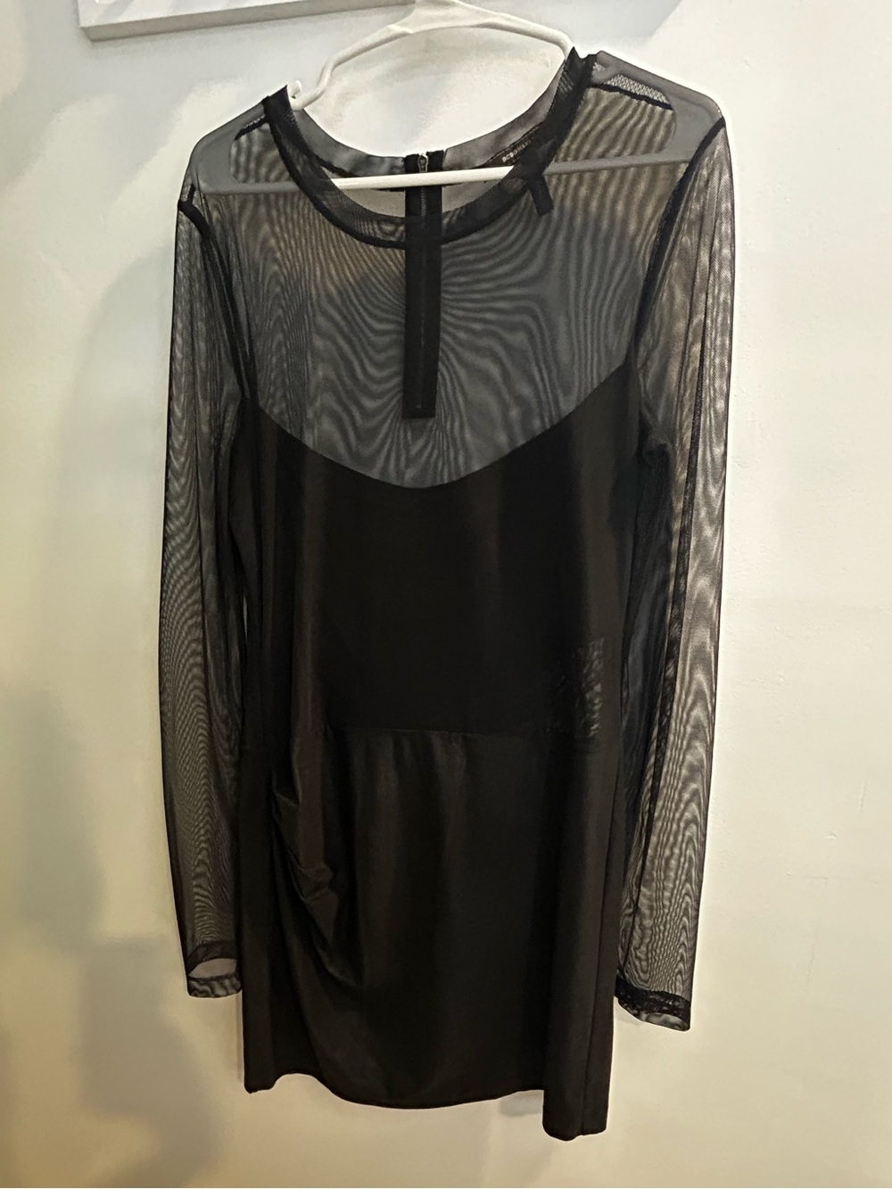 BCBGMaxAzria Black Sheer Long-Sleeve Mixed Media Asymmetrical Mini Dress, L